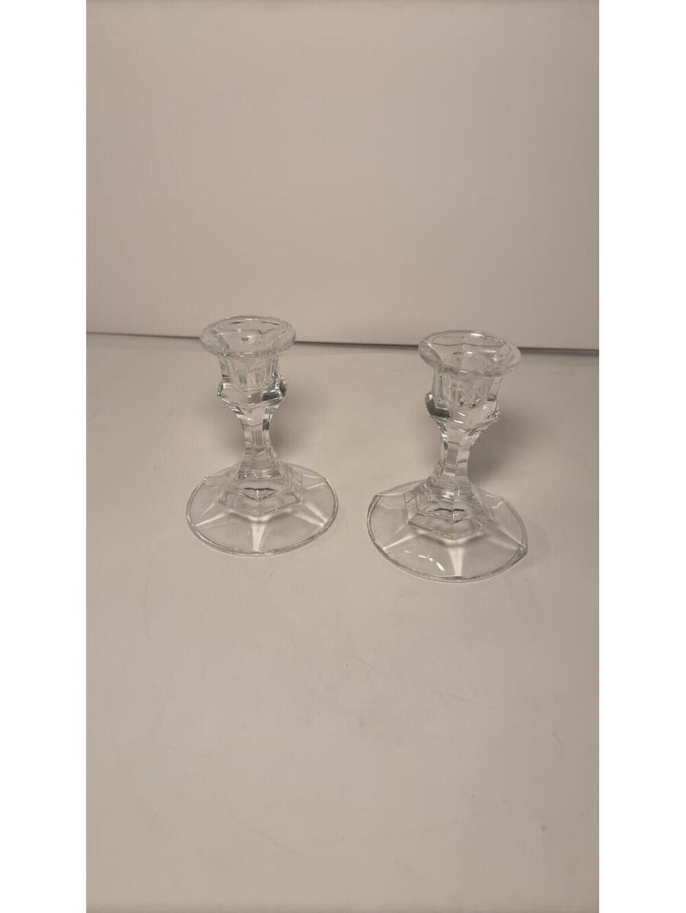 Set Of 2 Vintage Libbey Candlestick Holders Clear Glass 4”